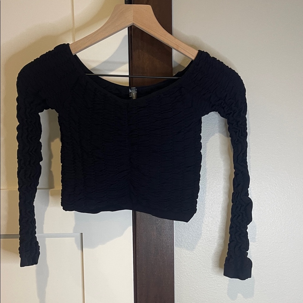 Anthropologie Black Textured Long Sleeve Cropped Blouse